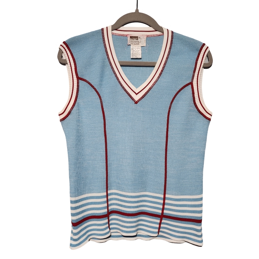 Sleeveless V-Neck Knit Sweater Vest - Light Blue with Red Trim